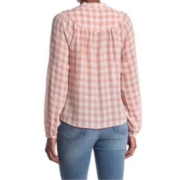 Nanette Lepore Size Small Tie V-Neck Soft Gingham Peach Swiss Dot L/S Blouse - Picture 4 of 13